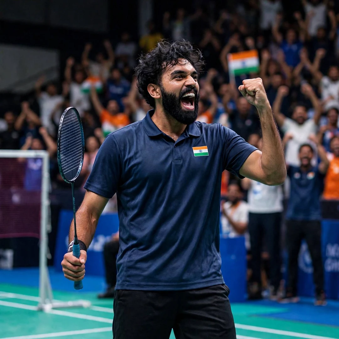 Rithvik Sanjeevi Satish Kumar celebrating victory Rithvik Sanjeevi Satish Kumar celebrating a match point with a clenched fist (AI-generated)