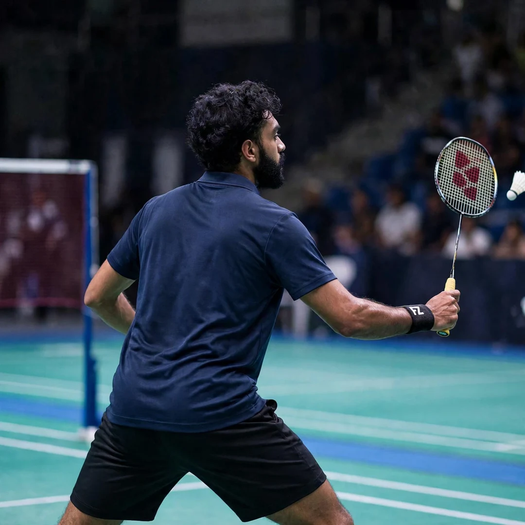 Rithvik Sanjeevi Satish Kumar forehand drive back view Rithvik Sanjeevi Satish Kumar playing a forehand drive, seen from behind (AI-generated)