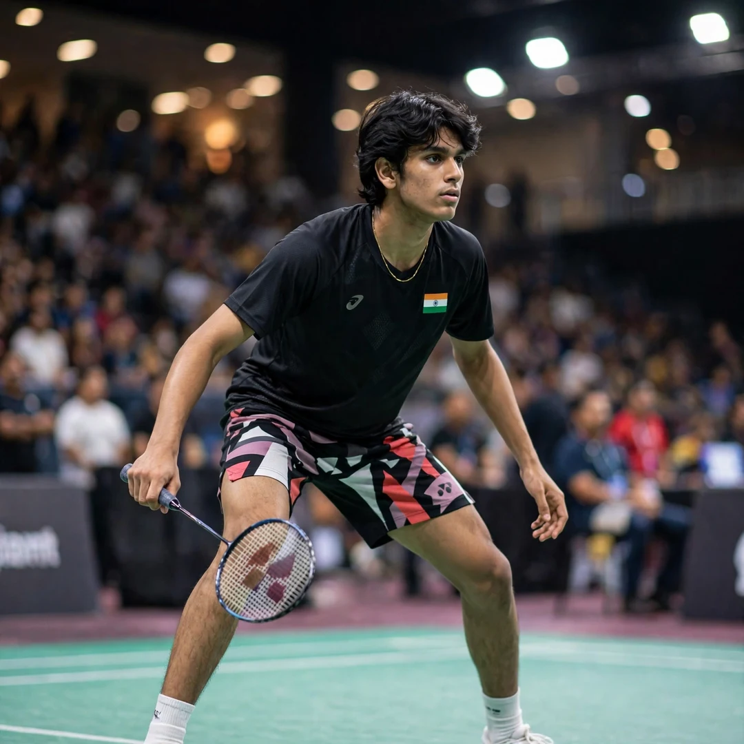 Rounak Chouhan India badminton player Rounak Chouhan of India in a ready stance on court, racket in his right hand (AI-generated)
