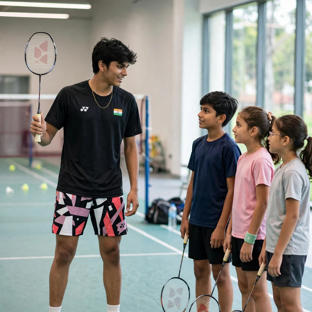 Rounak Chouhan badminton clinic juniors Rounak Chouhan demonstrating a forehand grip to junior players at a badminton clinic (AI-generated)