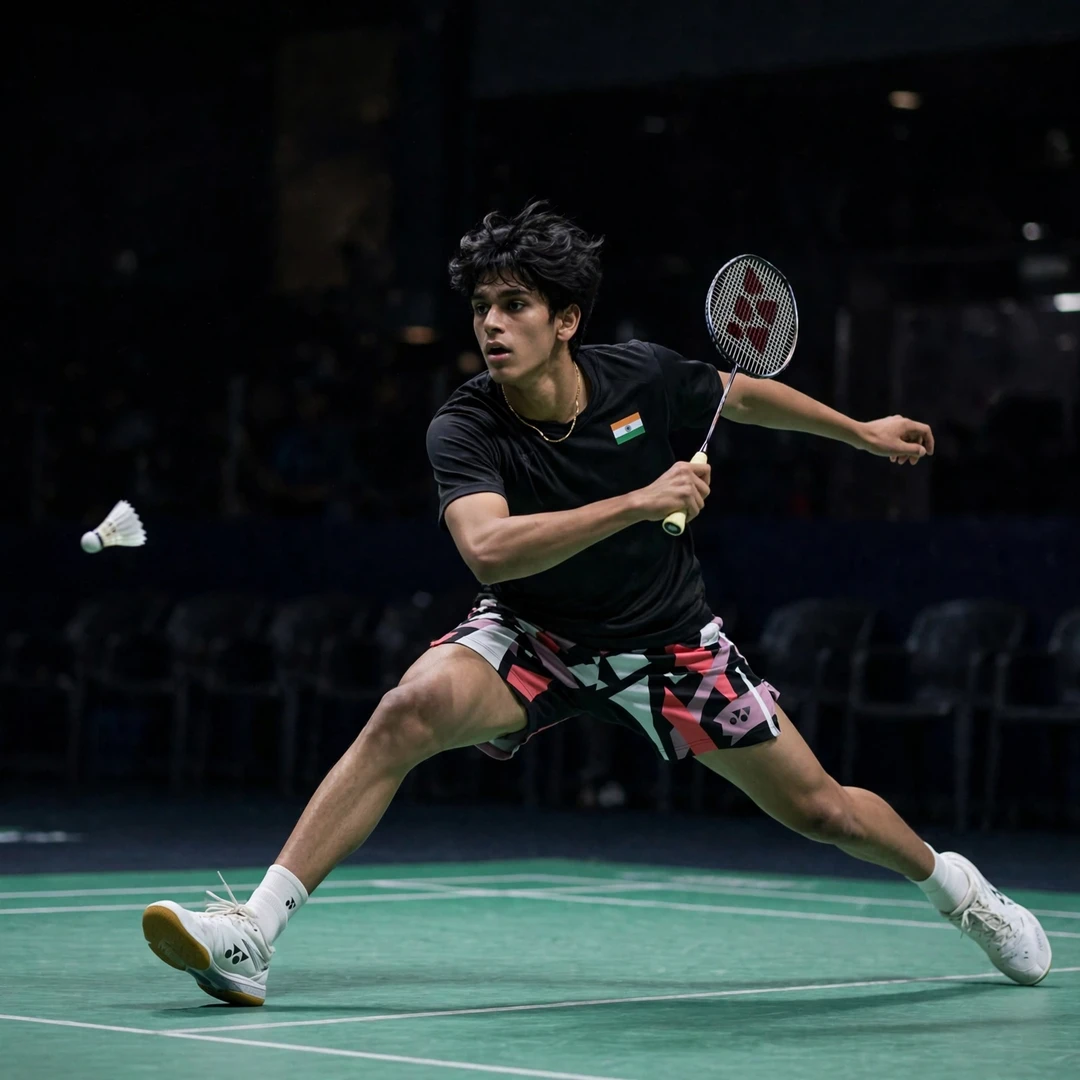 Rounak Chouhan backhand technique Rounak Chouhan reaching across his body for a backhand clear in the deep backhand corner (AI-generated)