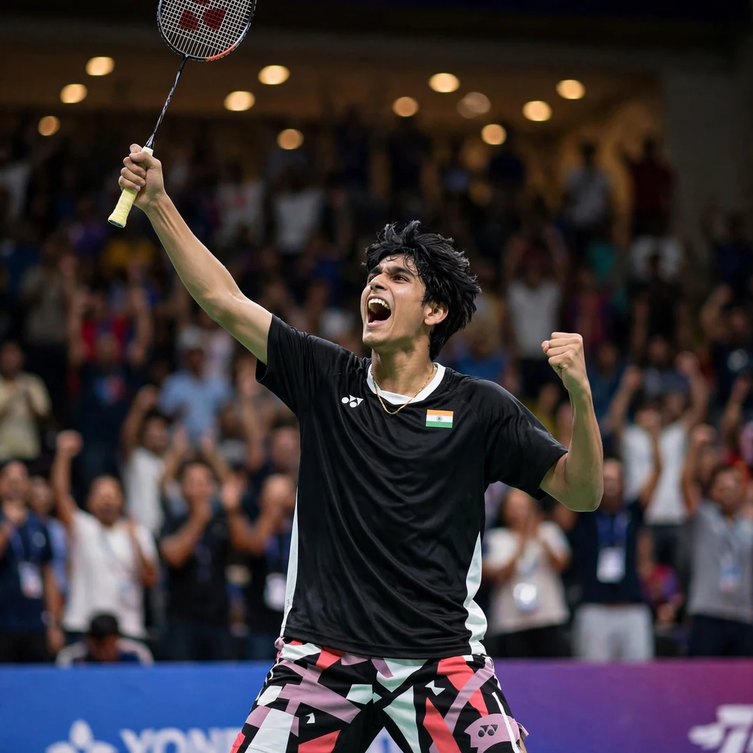 Rounak Chouhan celebrating match point Rounak Chouhan roaring in celebration, racket raised in his right hand, after winning match point (AI-generated)