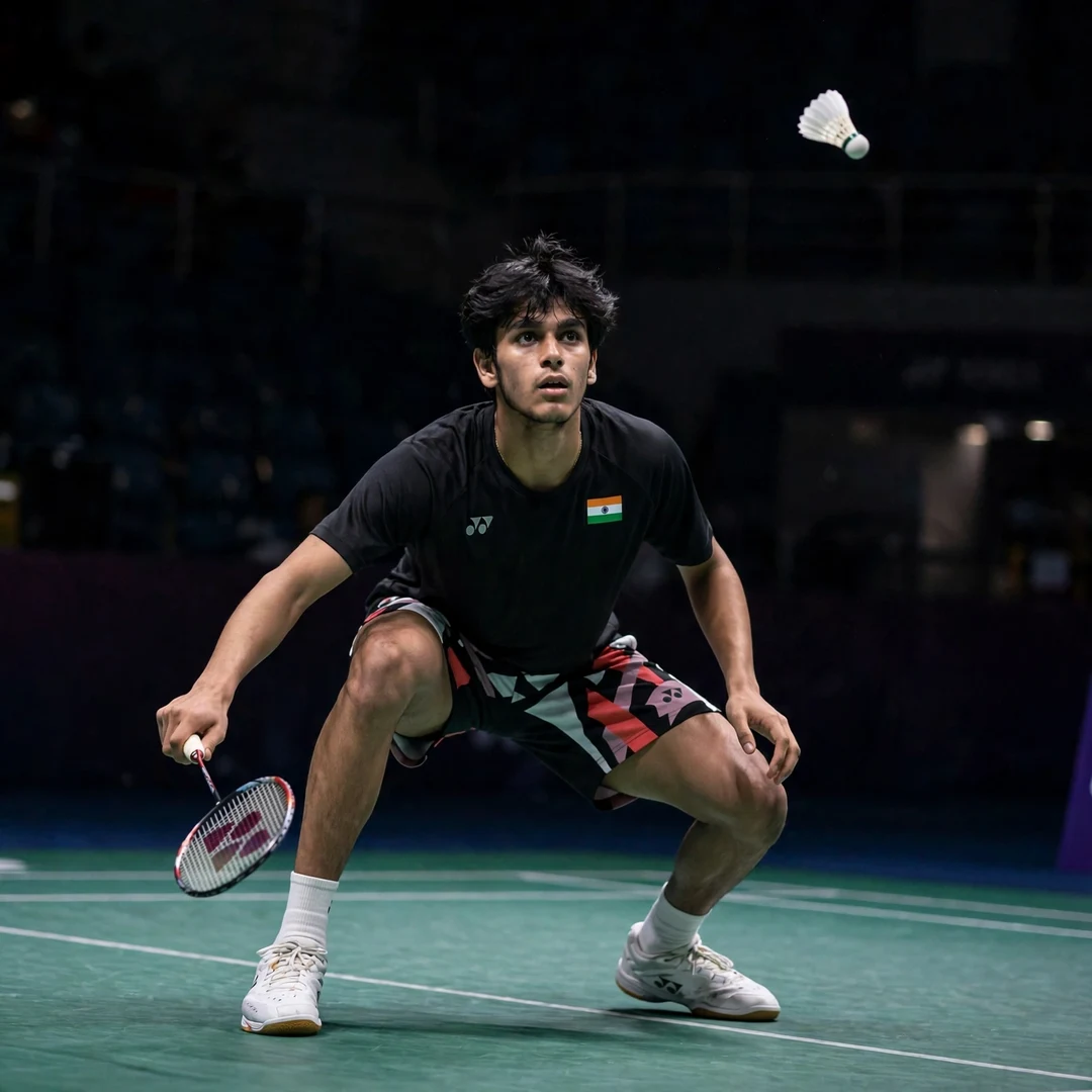 Rounak Chouhan defensive crouch Rounak Chouhan in a low defensive crouch, racket in his right hand and left hand resting on his knee (AI-generated)
