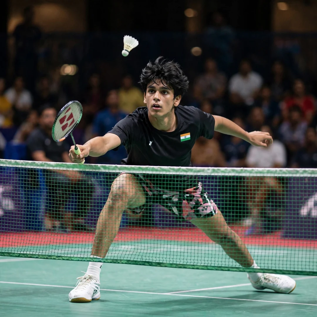 Rounak Chouhan net play Rounak Chouhan playing a tumbling net shot at the front of the court, racket in his right hand (AI-generated)