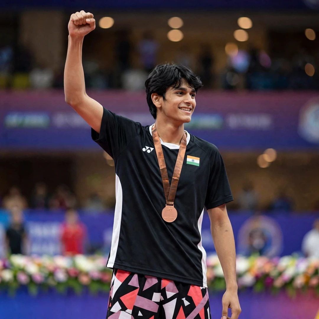 Rounak Chouhan World Junior Championships bronze Rounak Chouhan on the podium with his World Junior Championships bronze medal, right fist raised (AI-generated)