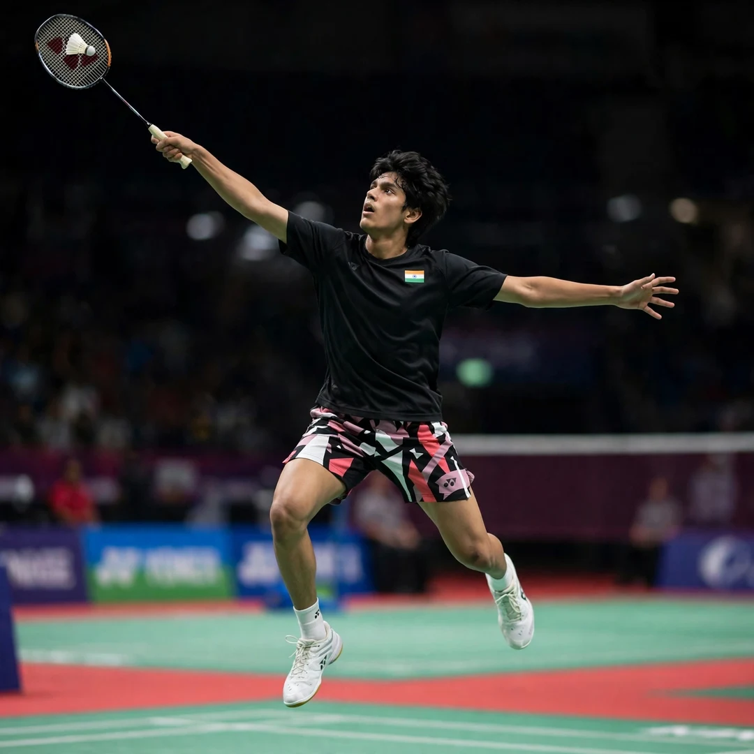 Rounak Chouhan jump smash Rounak Chouhan launching a leaping jump smash, racket in his right hand (AI-generated)