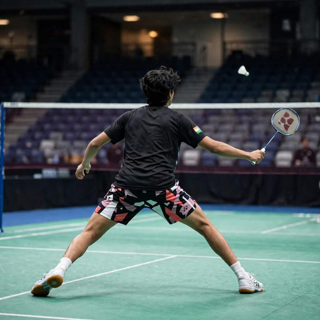 Rounak Chouhan playing style Rounak Chouhan playing a cross-court forehand drive from the rear court, seen from behind, racket in his right hand (AI-generated)