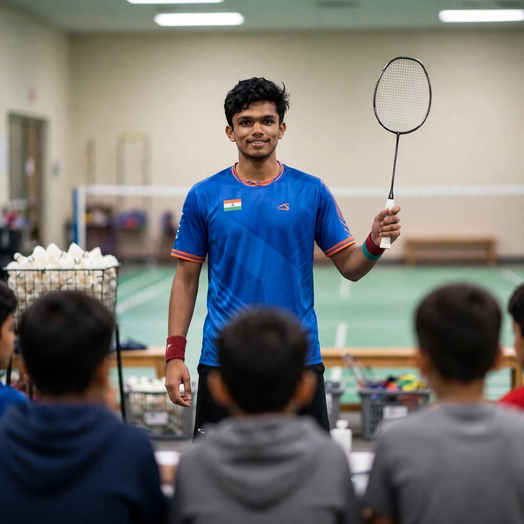 S. Sankar Muthusamy Subramanian Coaching Juniors S. Sankar Muthusamy Subramanian demonstrating grip technique to junior players (AI-generated)