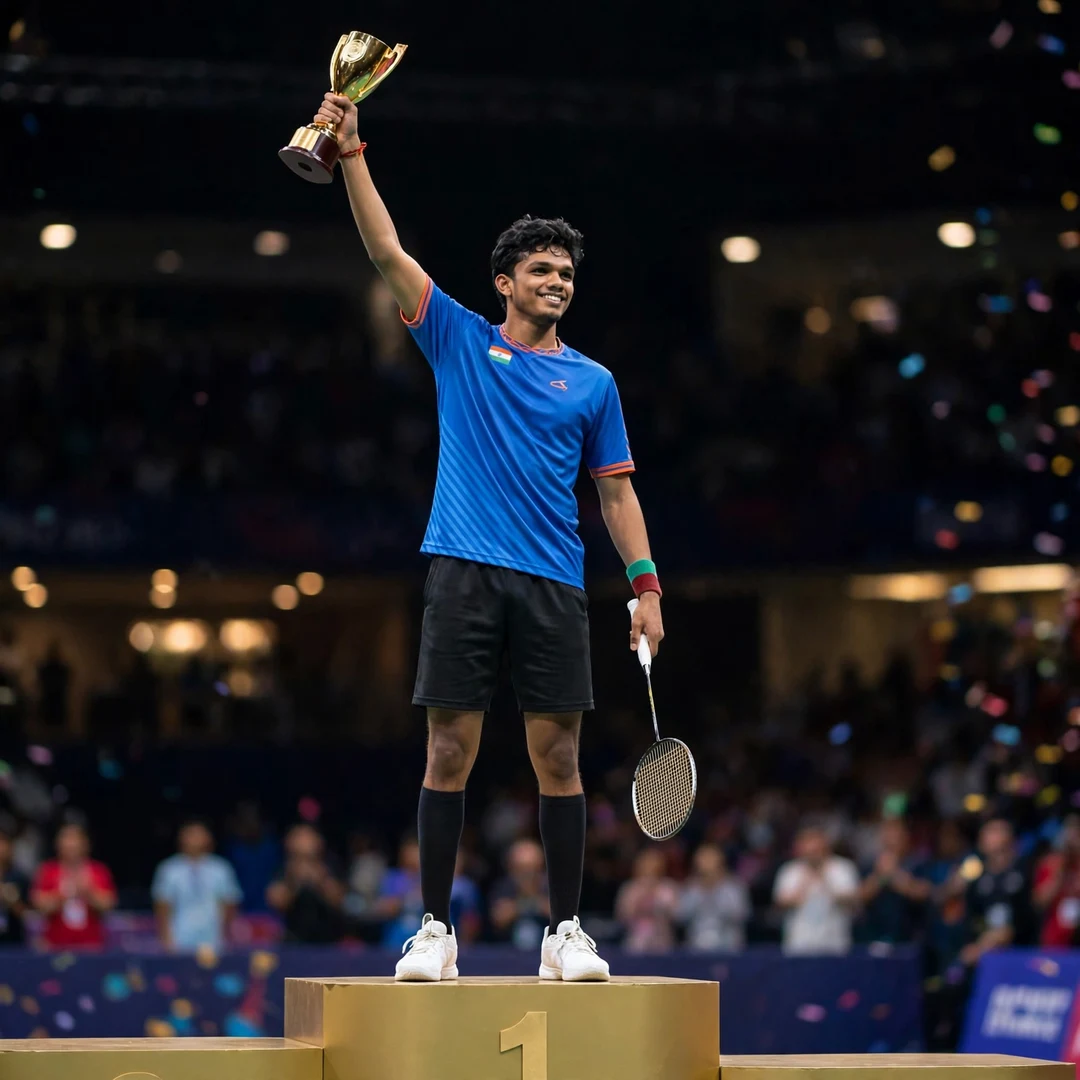 S. Sankar Muthusamy Subramanian Luxembourg Open Champion S. Sankar Muthusamy Subramanian lifting a trophy on the podium, racket in his left hand (AI-generated)