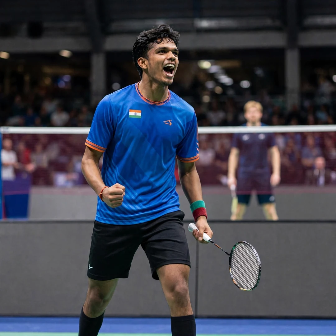 S. Sankar Muthusamy Subramanian Swiss Open 2025 S. Sankar Muthusamy Subramanian celebrating his Swiss Open 2025 win over Anders Antonsen (AI-generated)