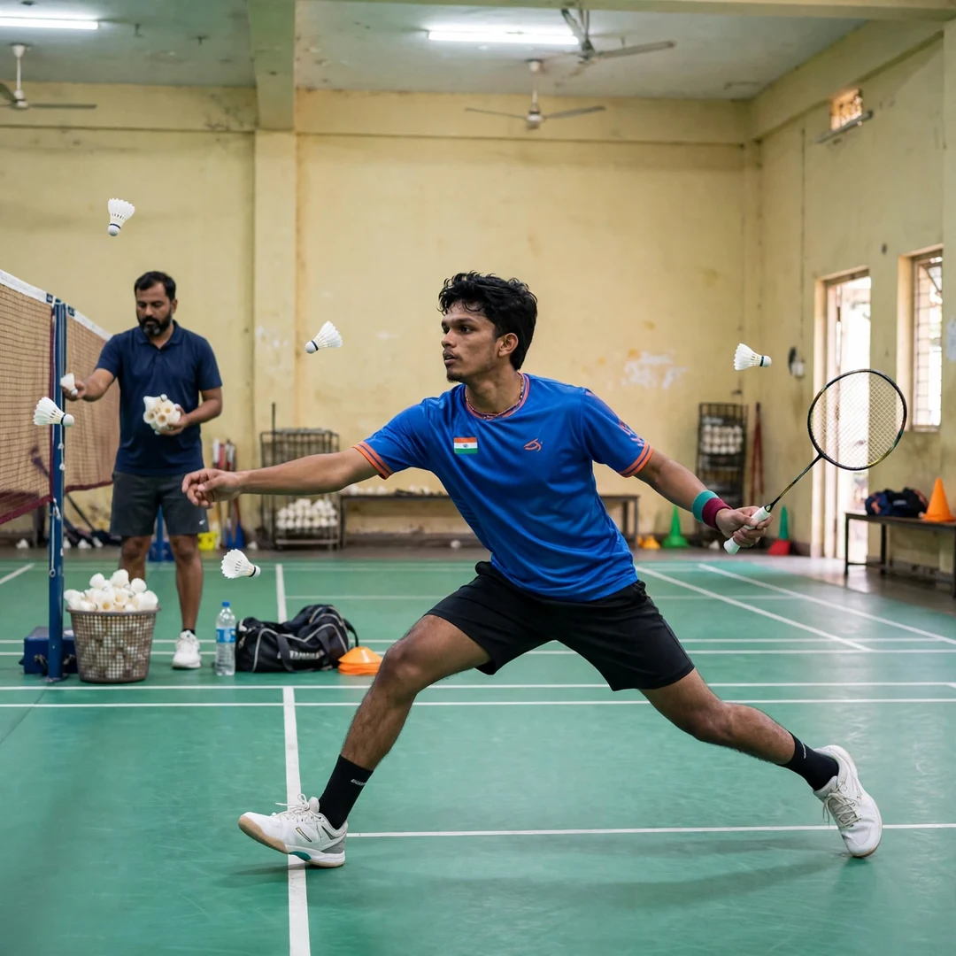 S. Sankar Muthusamy Subramanian Training S. Sankar Muthusamy Subramanian in a multi-shuttle training drill in Chennai (AI-generated)