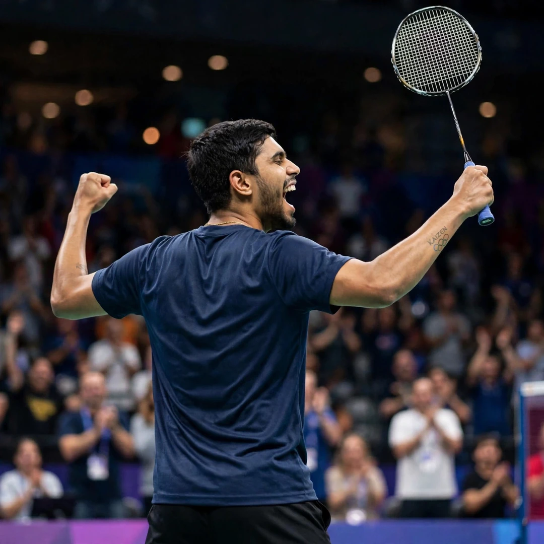 Sanskar Saraswat celebrating a victory with racket raised in his right hand (AI-generated) Sanskar Saraswat celebrating a victory with racket raised in his right hand (AI-generated)