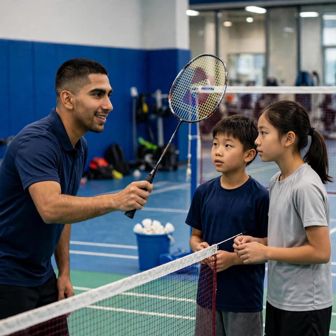 Shashwat Dalal demonstrating a net shot to junior players at a badminton clinic (AI-generated) Shashwat Dalal demonstrating a net shot to junior players at a badminton clinic (AI-generated)