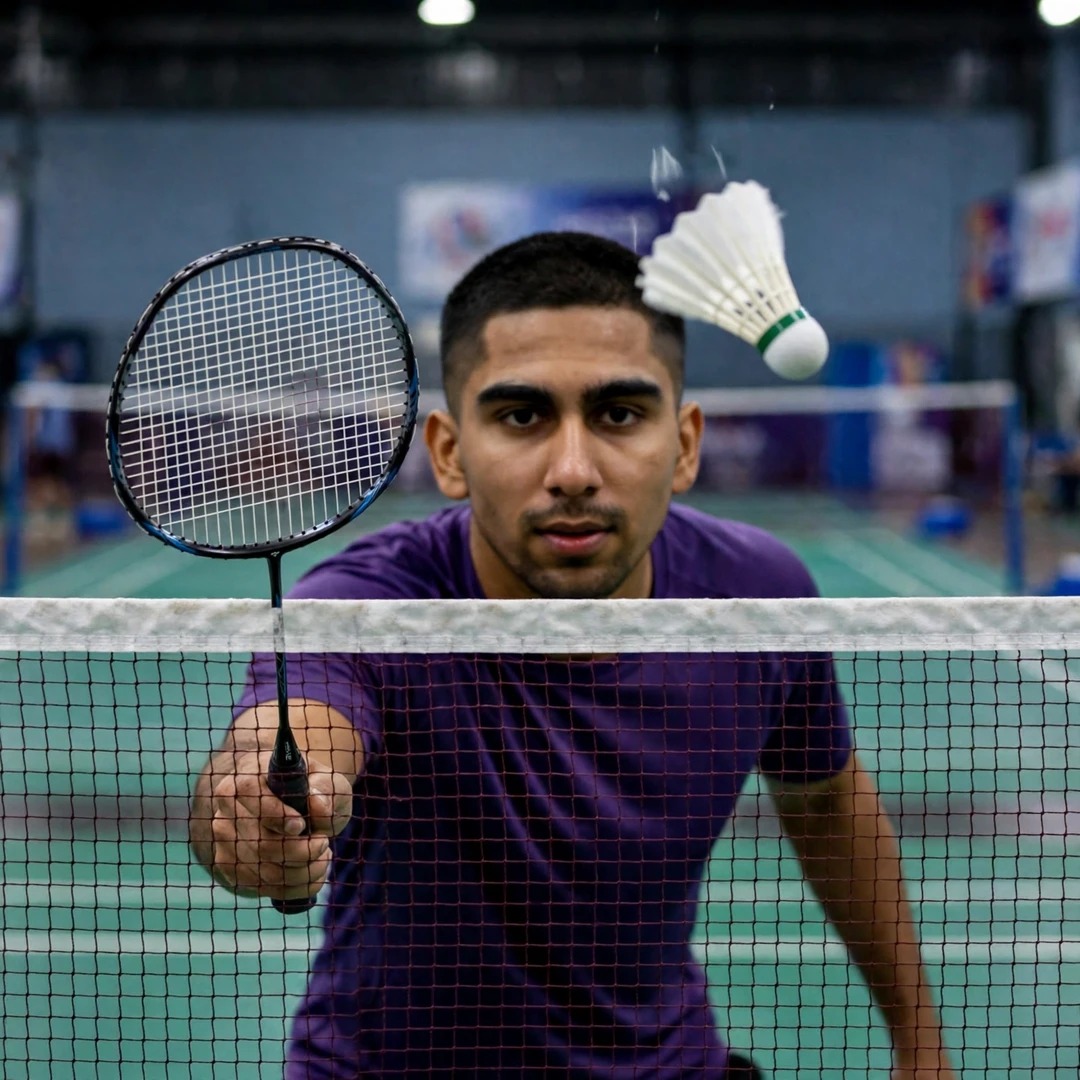 Shashwat Dalal playing a tumbling net shot (AI-generated) Shashwat Dalal playing a tumbling net shot (AI-generated)