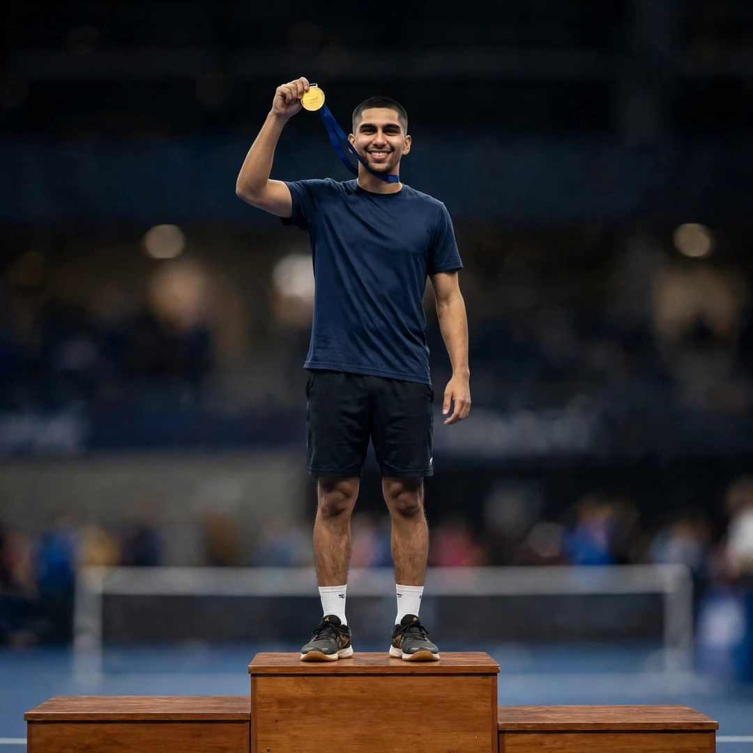 Shashwat Dalal on the podium with the European Universities gold medal in Madrid 2025 (AI-generated) Shashwat Dalal on the podium with the European Universities gold medal in Madrid 2025 (AI-generated)