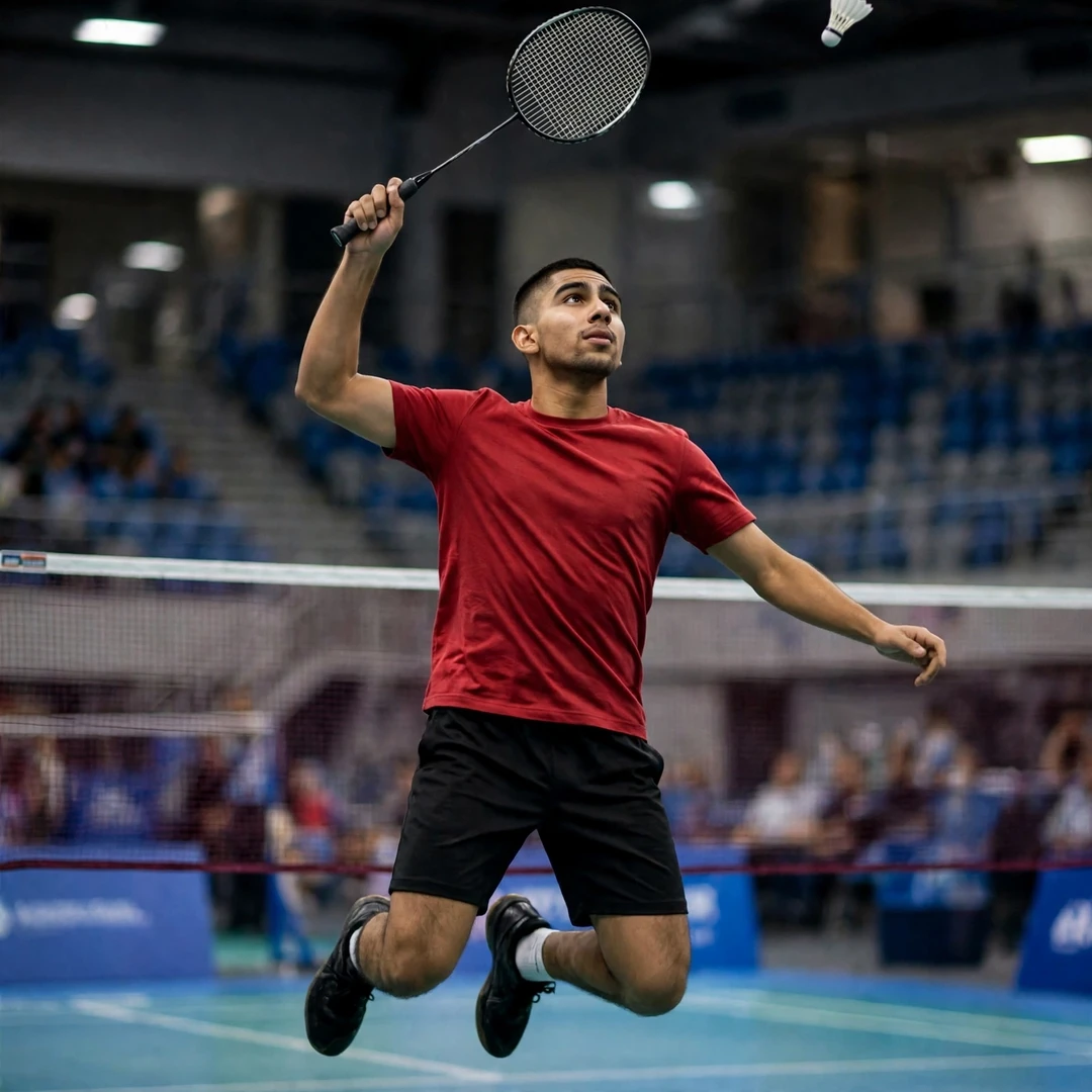 Shashwat Dalal hitting a jump smash with his right hand (AI-generated) Shashwat Dalal hitting a jump smash with his right hand (AI-generated)