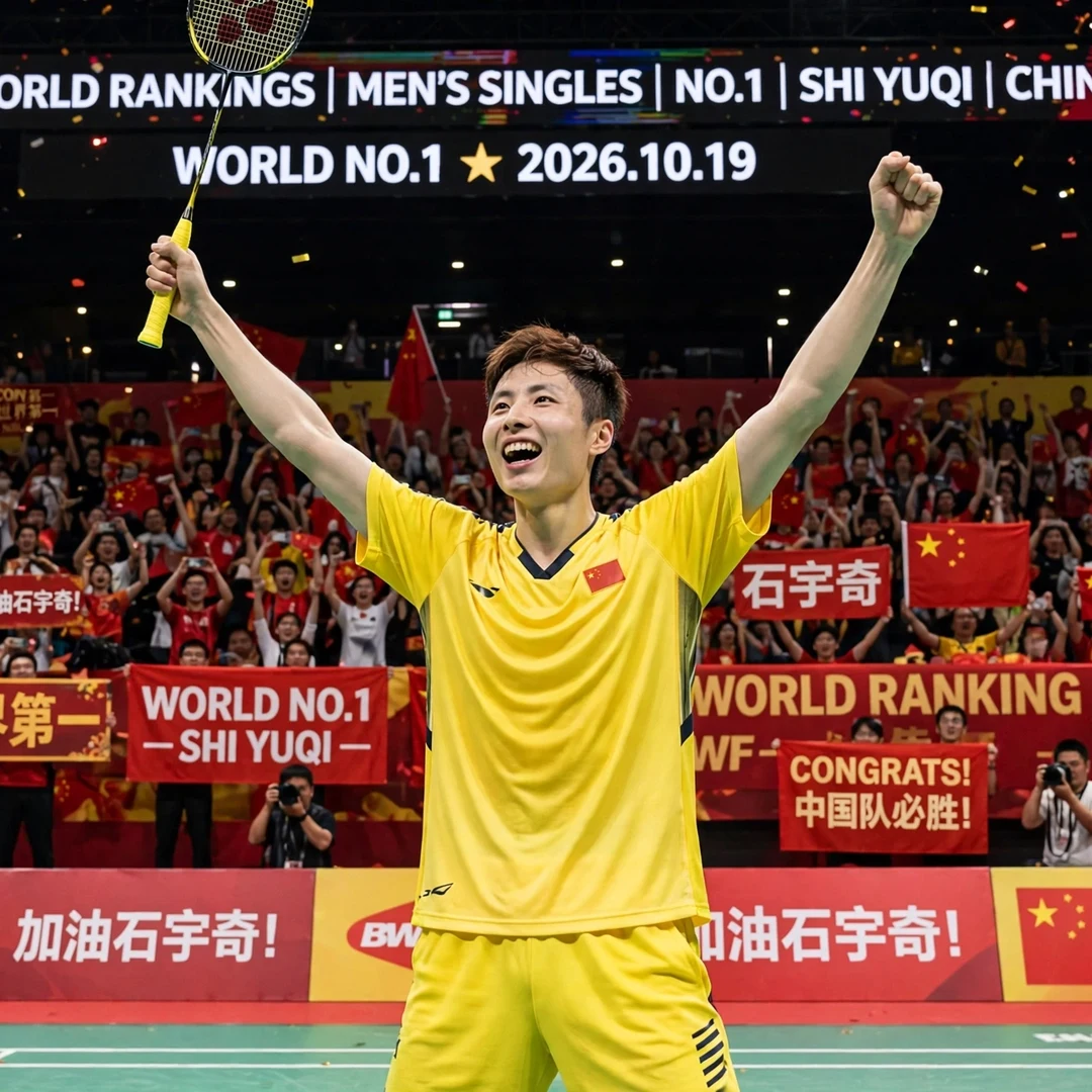 Chinese men's singles star earning historic Olympic silver medal for China Shi Yu Qi celebrating ranking milestone (AI-generated)