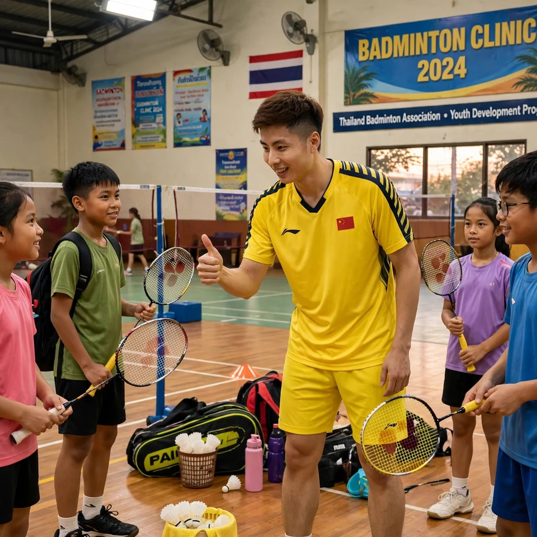 Chinese badminton star serving as role model for developing players across Southeast Asia Shi Yu Qi with junior players at clinic (AI-generated)