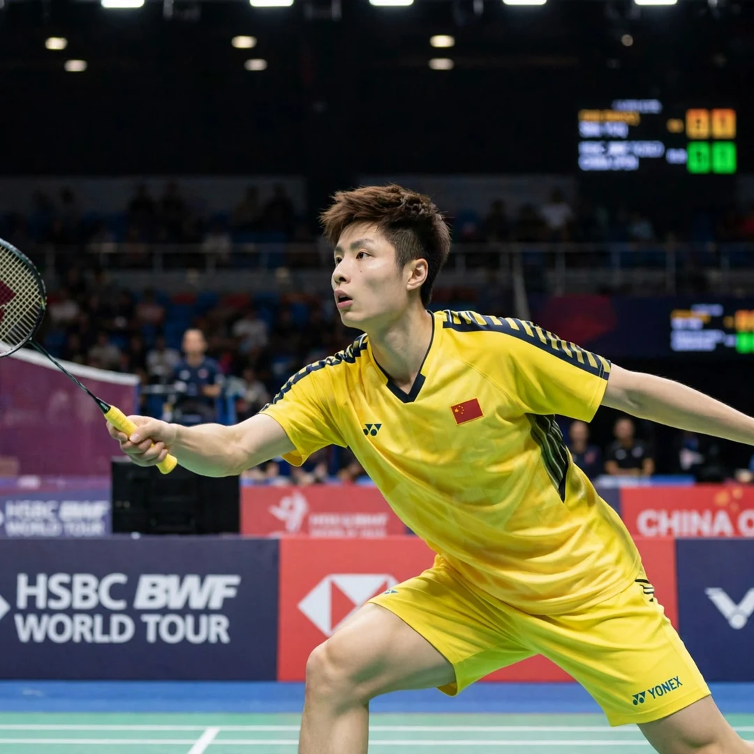 Shi Yu Qi displaying defensive retrieval during international men's singles match Shi Yu Qi backhand technique (AI-generated)