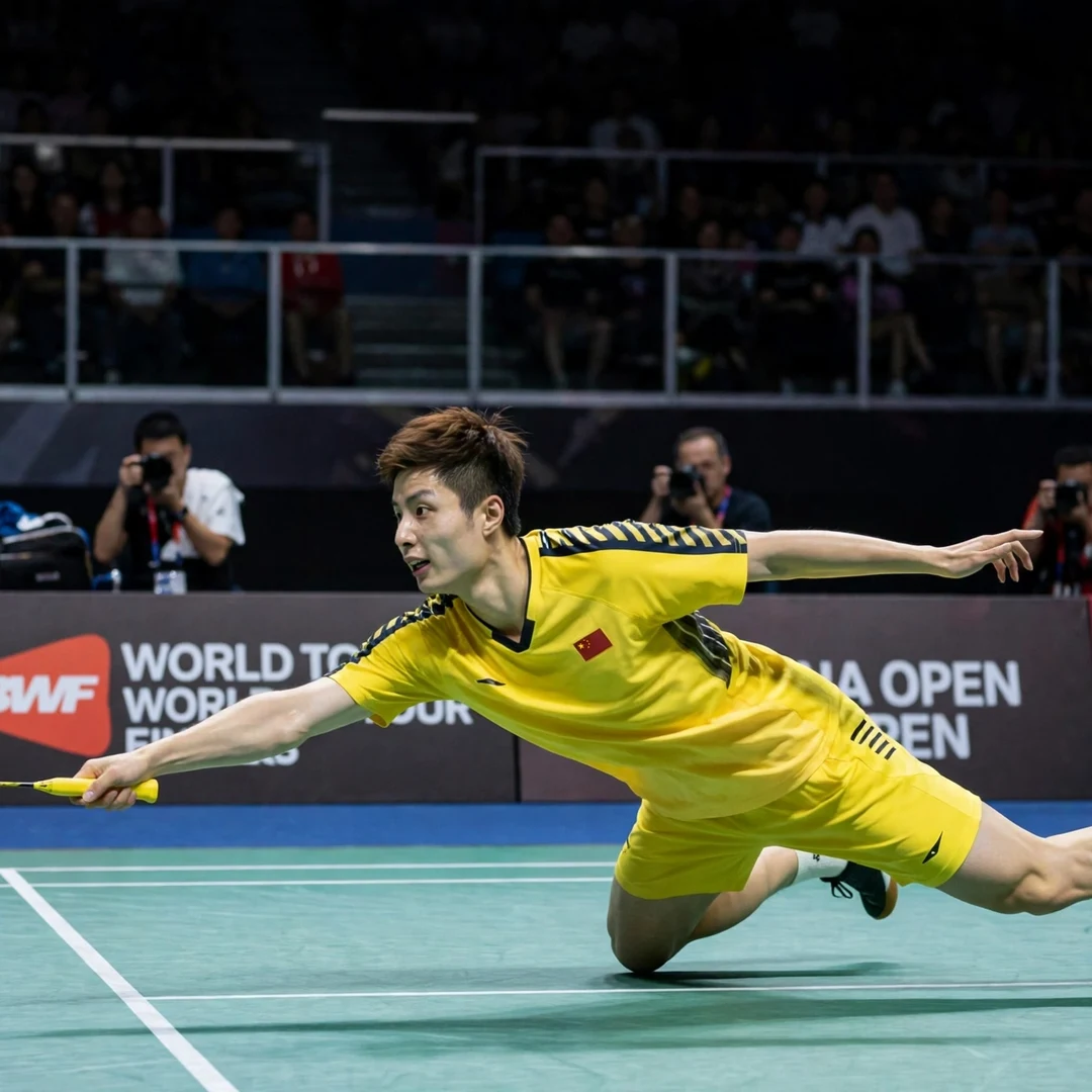 Shi Yu Qi training with Chinese national badminton team during preparation Shi Yu Qi diving defensive return (AI-generated)