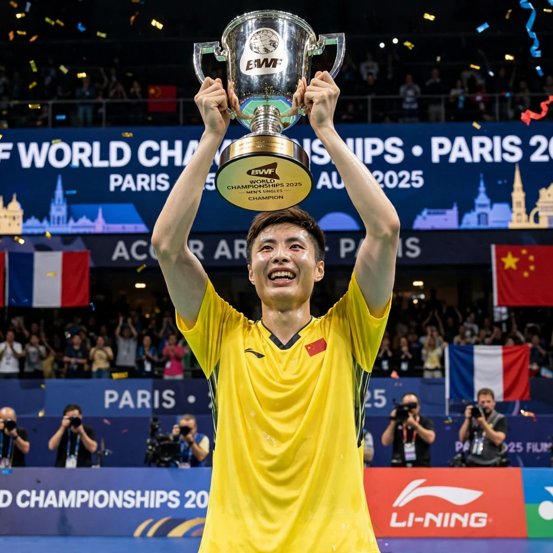 Shi Yu Qi training philosophy emphasizing strong defence and patient development Shi Yu Qi lifting the World Championships trophy (AI-generated)