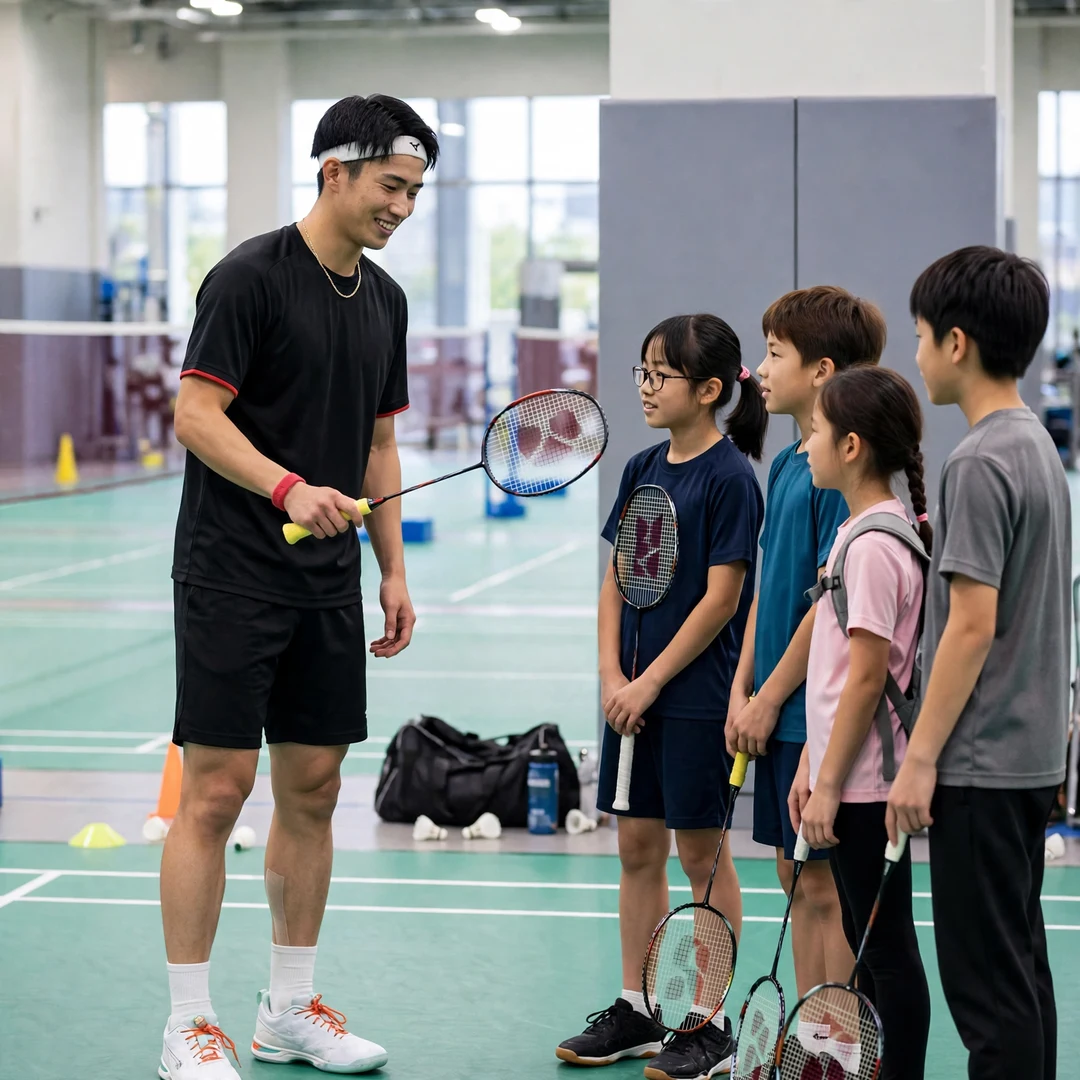 Shogo Ogawa badminton clinic juniors Shogo Ogawa demonstrating a forehand grip to junior players at a badminton clinic (AI-generated)
