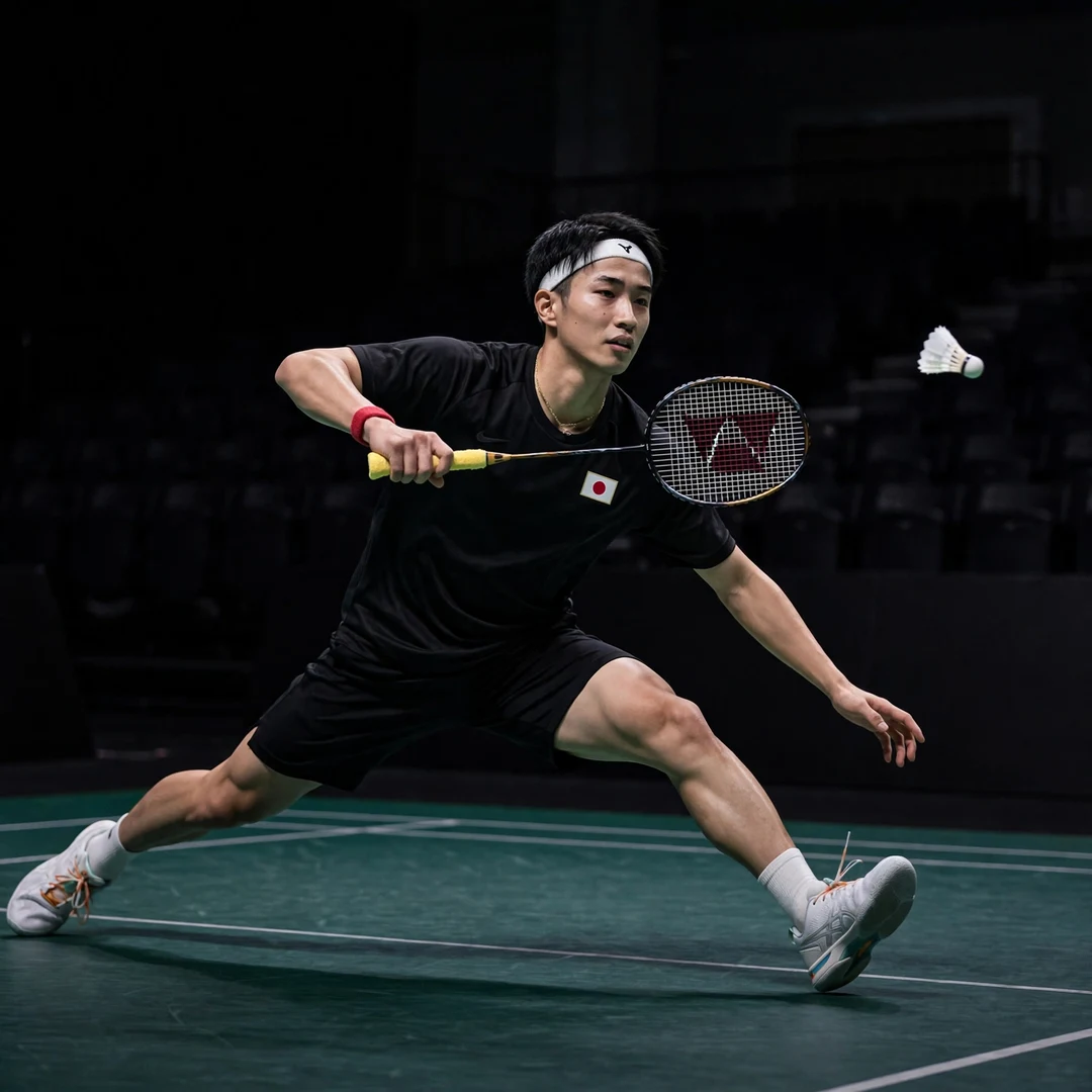 Shogo Ogawa backhand technique Shogo Ogawa reaching across his body for a backhand clear in the deep backhand corner (AI-generated)