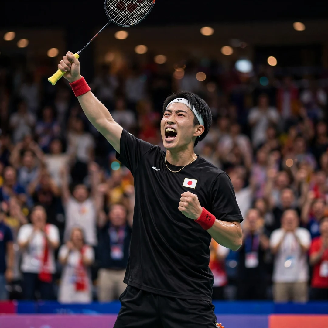 Shogo Ogawa celebrating match point Shogo Ogawa roaring in celebration, racket raised in his right hand, after beating Anthony Ginting at the 2026 Malaysia Super 100 (AI-generated)