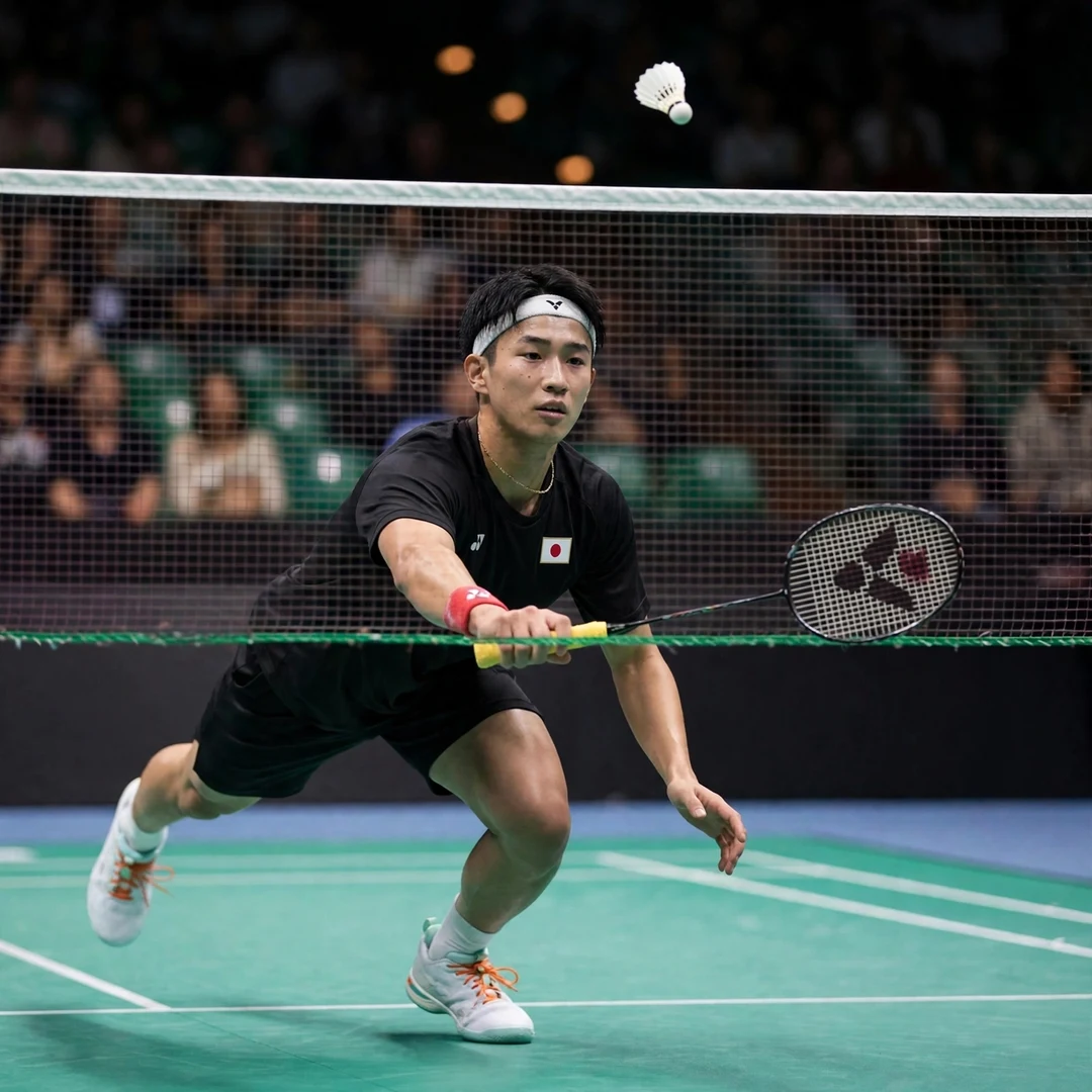 Shogo Ogawa net play Shogo Ogawa playing a tumbling net shot at the front of the court, racket in his right hand (AI-generated)