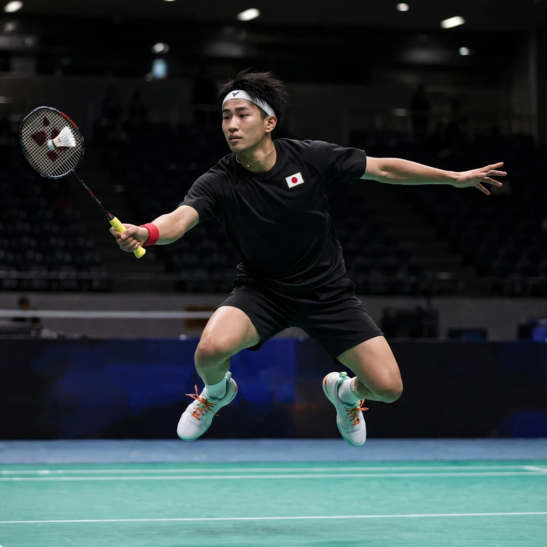 Shogo Ogawa jump smash Shogo Ogawa launching a jump smash, racket in his right hand (AI-generated)