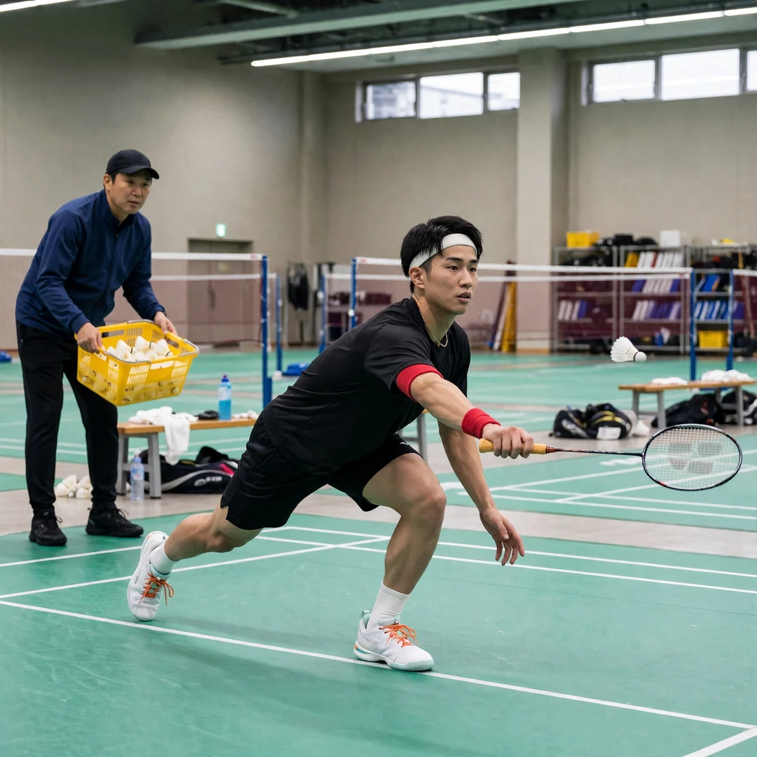 Shogo Ogawa training session Shogo Ogawa in a multi-shuttle training drill at the JTEKT Stingers training hall (AI-generated)