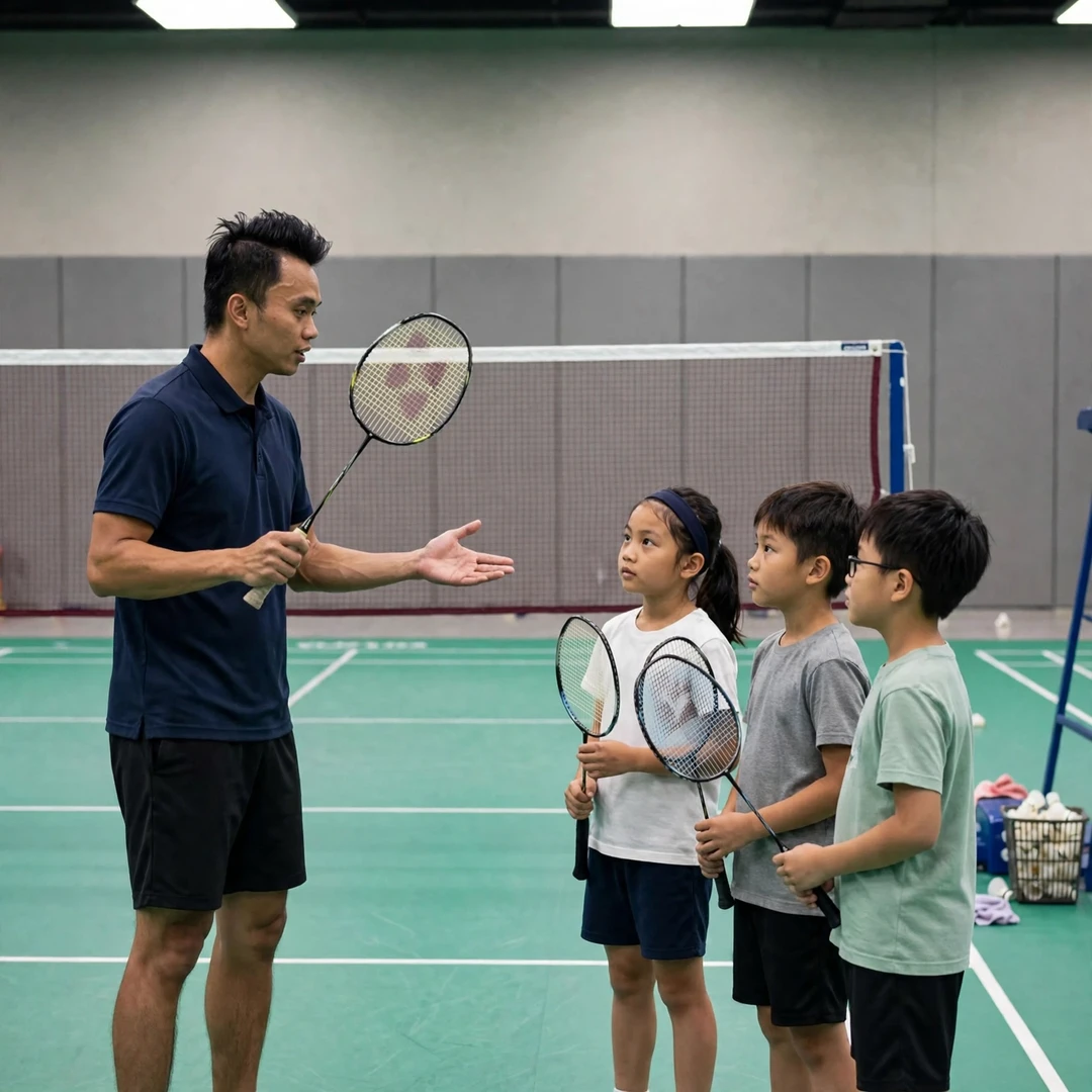 Sholeh Aidil demonstrating a net shot to junior players at a badminton clinic (AI-generated) Sholeh Aidil demonstrating a net shot to junior players at a badminton clinic (AI-generated)