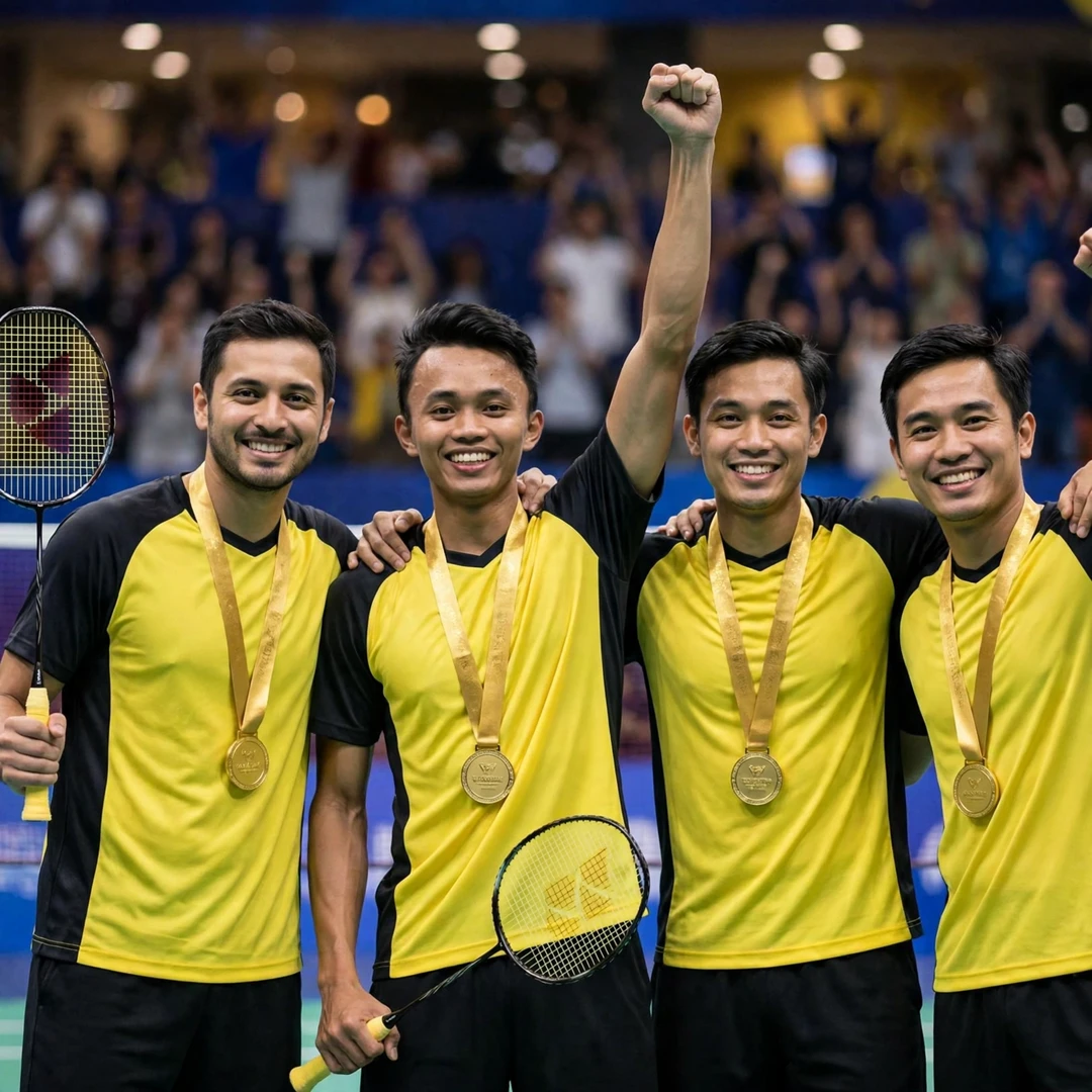 Sholeh Aidil celebrating the Badminton Asia Team Championships gold with Malaysia in 2022 (AI-generated) Sholeh Aidil celebrating the Badminton Asia Team Championships gold with Malaysia in 2022 (AI-generated)