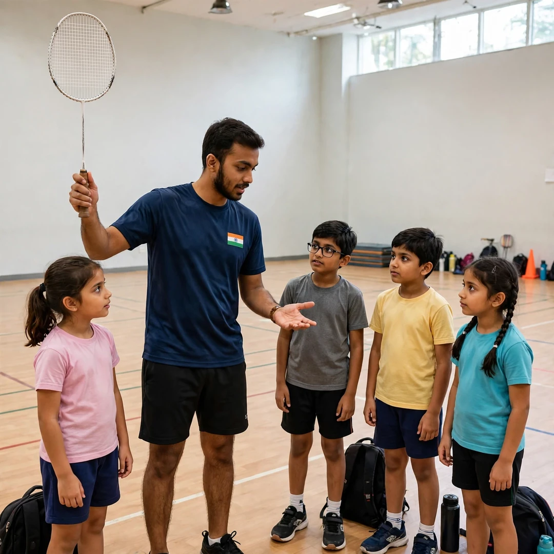 Siddhanth Gupta demonstrating a net shot to junior players at a coaching clinic (AI-generated) Siddhanth Gupta demonstrating a net shot to junior players at a coaching clinic (AI-generated)