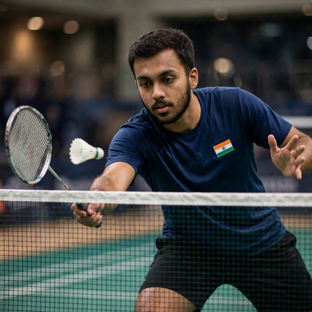 Siddhanth Gupta playing a tight tumbling net shot (AI-generated) Siddhanth Gupta playing a tight tumbling net shot (AI-generated)