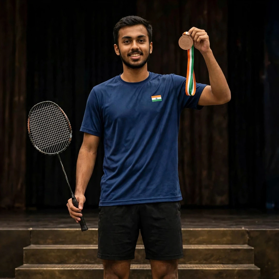 Siddhanth Gupta holding up a bronze medal, racket in his right hand (AI-generated) Siddhanth Gupta holding up a bronze medal, racket in his right hand (AI-generated)