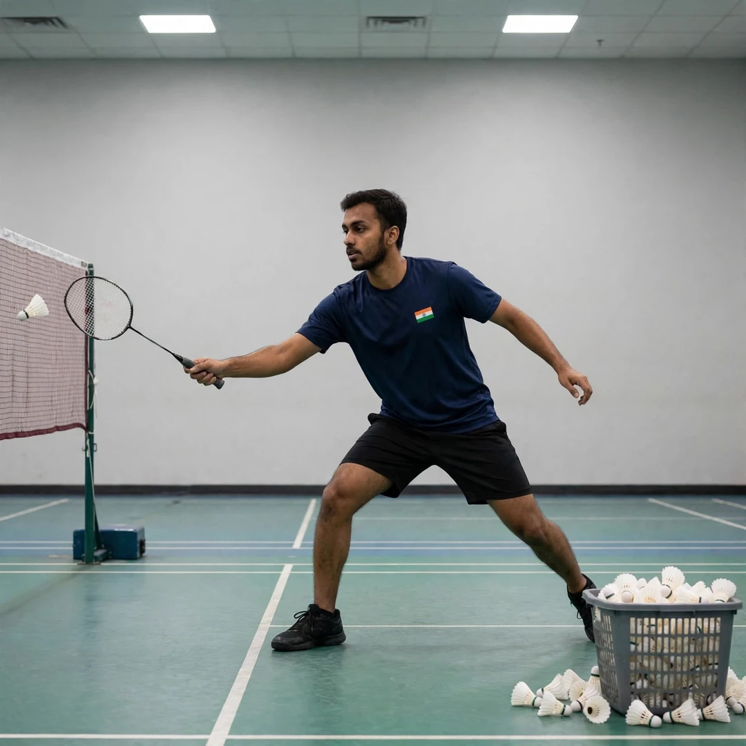 Siddhanth Gupta in a multi-shuttle training drill in Chennai (AI-generated) Siddhanth Gupta in a multi-shuttle training drill in Chennai (AI-generated)