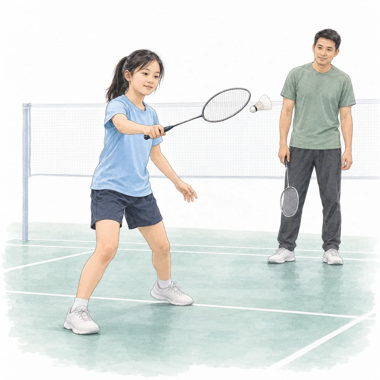 AI-generated badminton coaching teaching illustration with generic people.