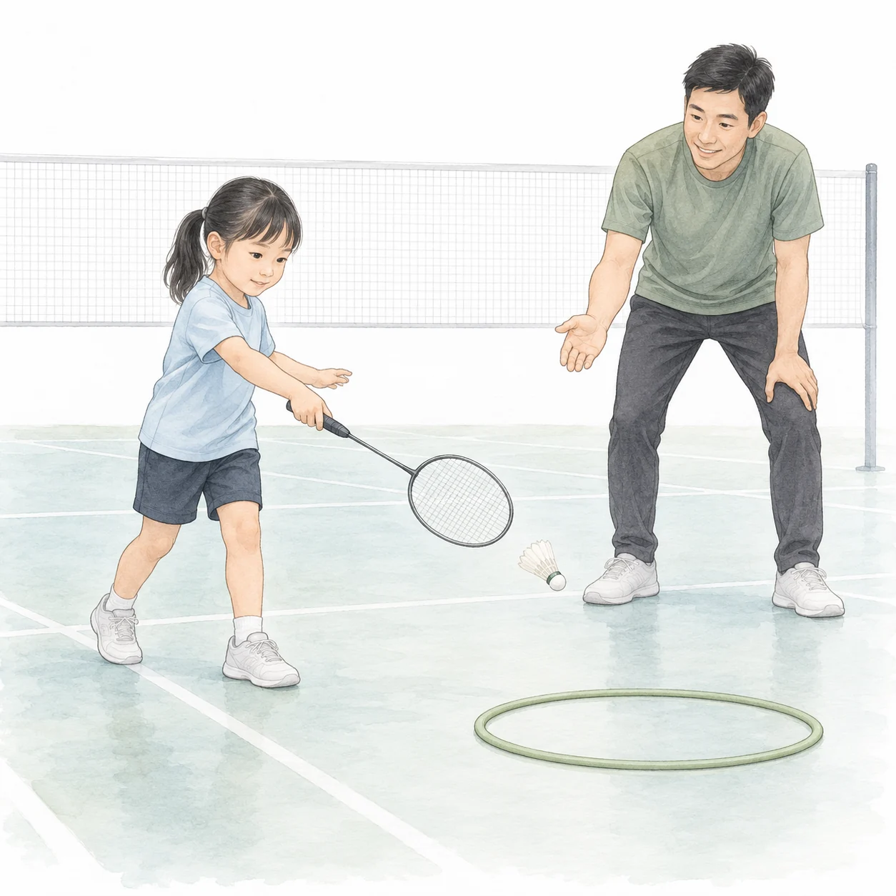 AI-generated badminton coaching teaching illustration with generic people.
