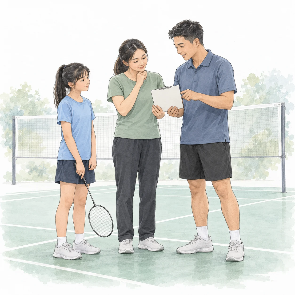 AI-generated badminton coaching teaching illustration with generic people.