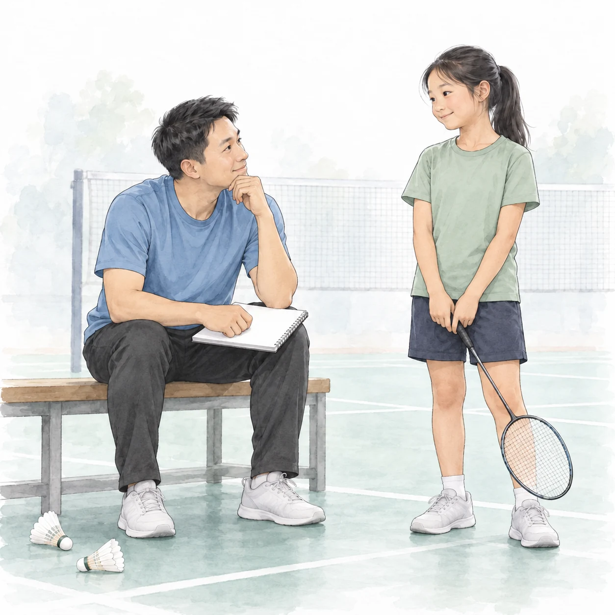 AI-generated badminton coaching teaching illustration with generic people.
