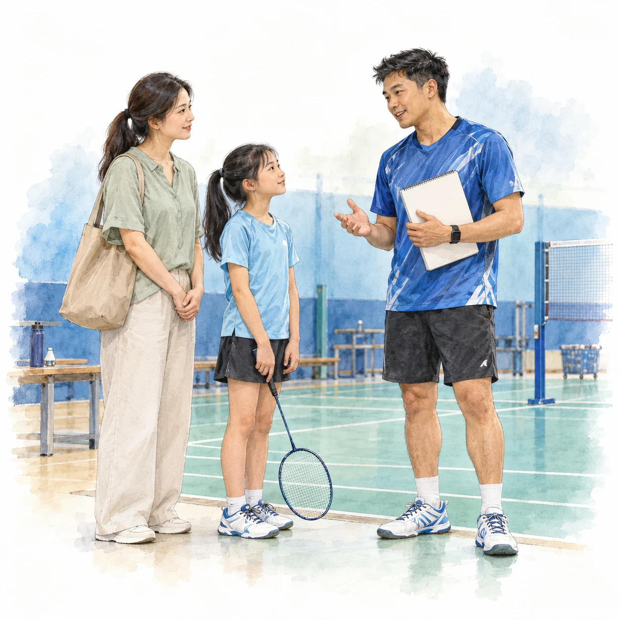 AI educational illustration of a parent and child listening to a coach with a blank learning note beside a badminton court.