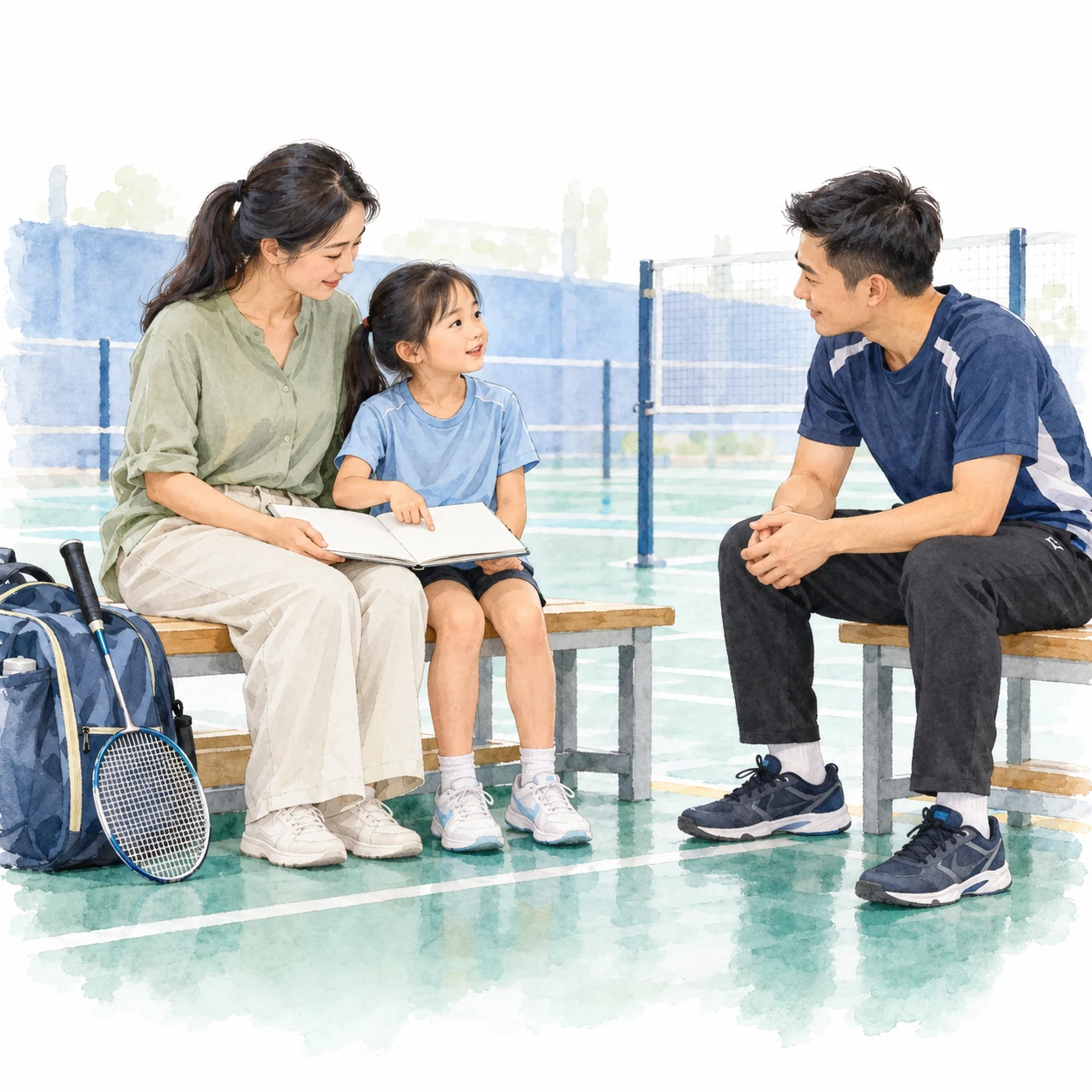 Ilustrasi pendidikan AI: anak membincangkan buku nota kosong bersama ibu bapa dan jurulatih yang mendengar di tepi gelanggang badminton. Ilustrasi pendidikan AI: anak membincangkan buku nota kosong bersama ibu bapa dan jurulatih yang mendengar di tepi gelanggang badminton.