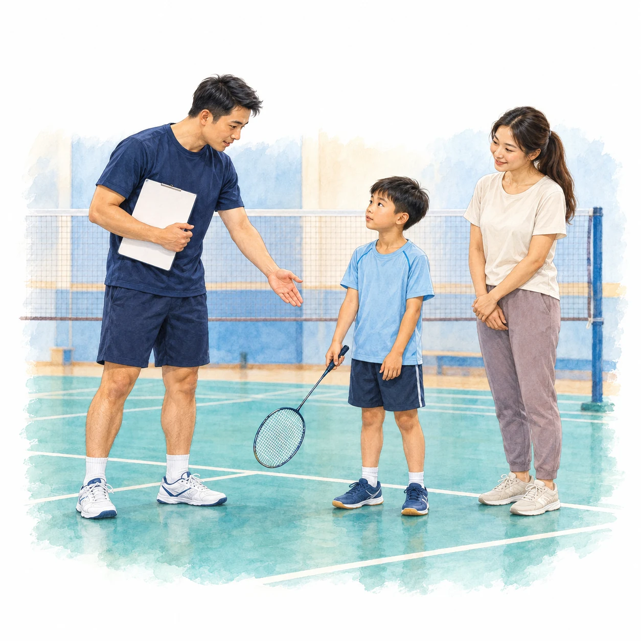 AI-generated educational badminton teaching illustration with generic people.