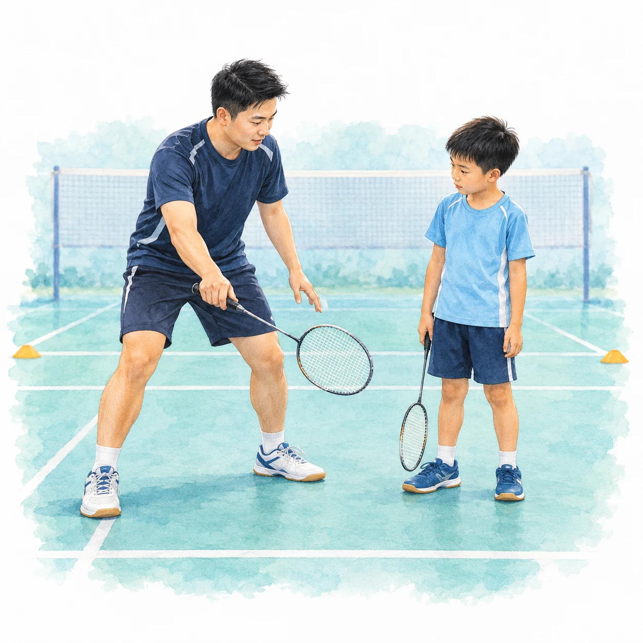 Ilustrasi pendidikan AI: jurulatih menunjukkan kedudukan permulaan raket rendah, sementara anak memerhatikan dengan raket diturunkan secara selamat. Ilustrasi pendidikan AI: jurulatih menunjukkan kedudukan permulaan raket rendah, sementara anak memerhatikan dengan raket diturunkan secara selamat.