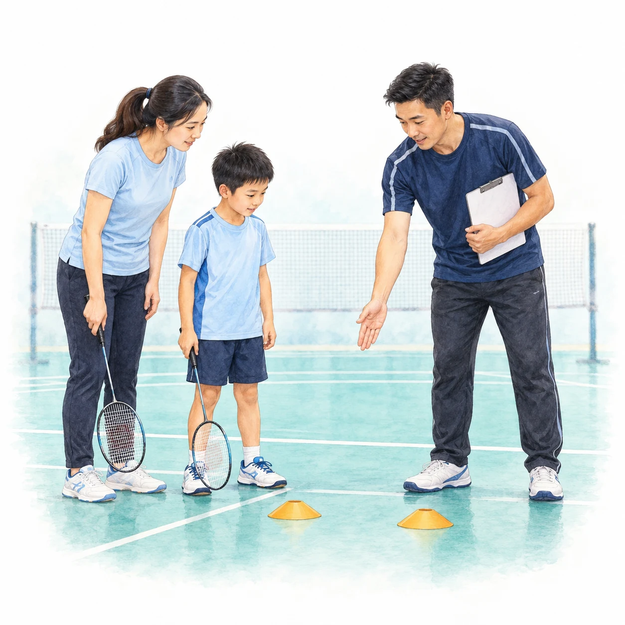 AI-generated educational badminton teaching illustration with generic people.