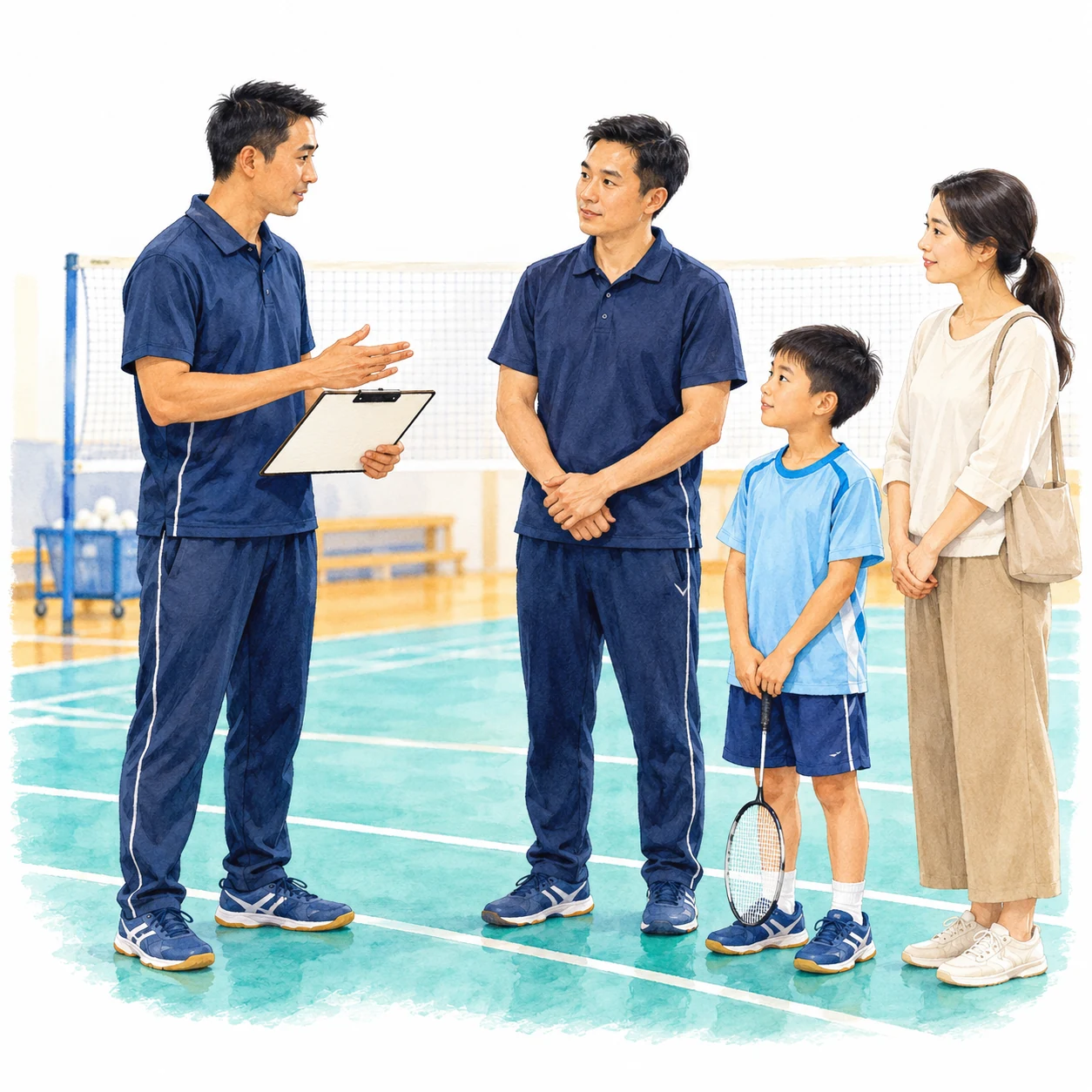 AI-generated educational badminton teaching illustration with generic people.