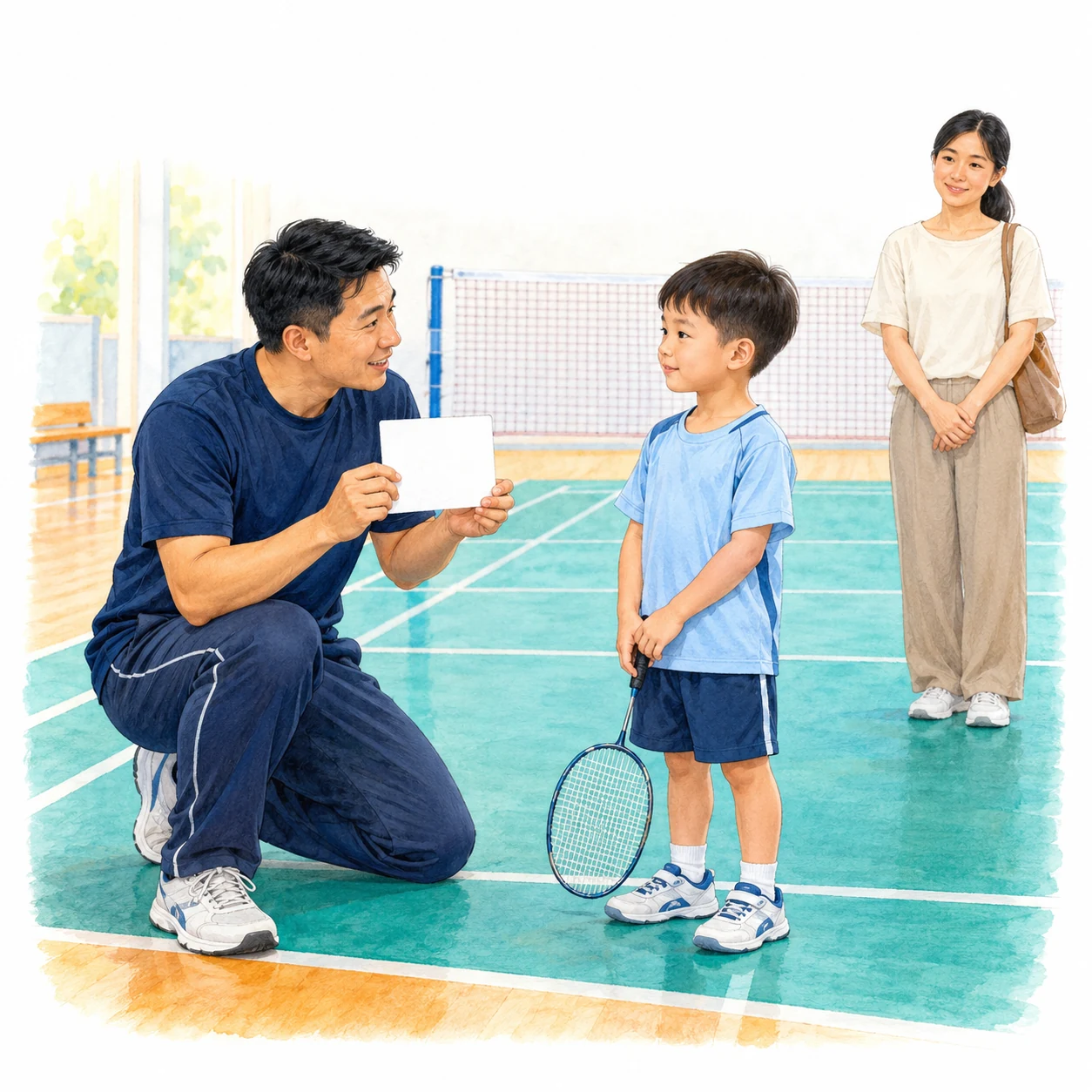 Ilustrasi pendidikan AI: jurulatih memegang kad pembelajaran putih kosong, anak mendengar dan ibu bapa memerhatikan di belakang. Ilustrasi pendidikan AI: jurulatih memegang kad pembelajaran putih kosong, anak mendengar dan ibu bapa memerhatikan di belakang.