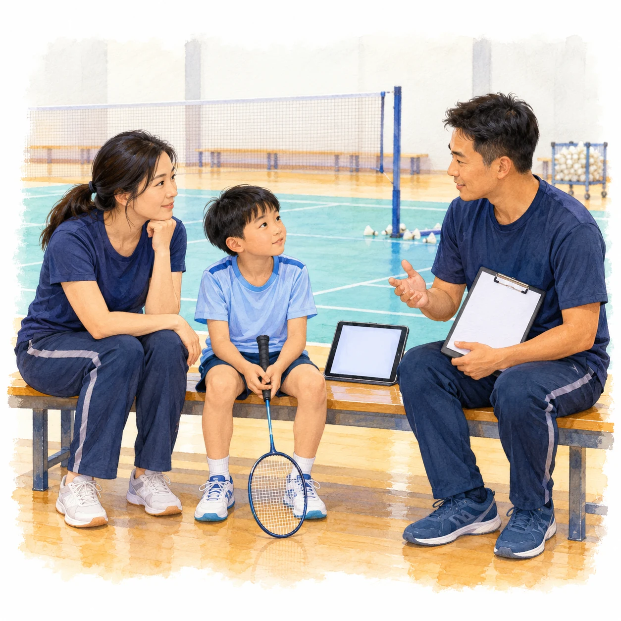 AI-generated educational badminton teaching illustration with generic people.