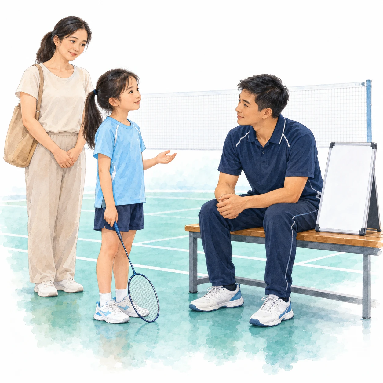 AI-generated educational badminton teaching illustration with generic people.